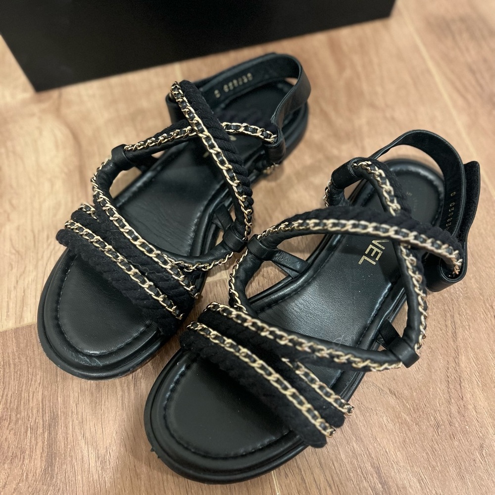 CHANEL Sandals black chain with champagne hardware (rare)